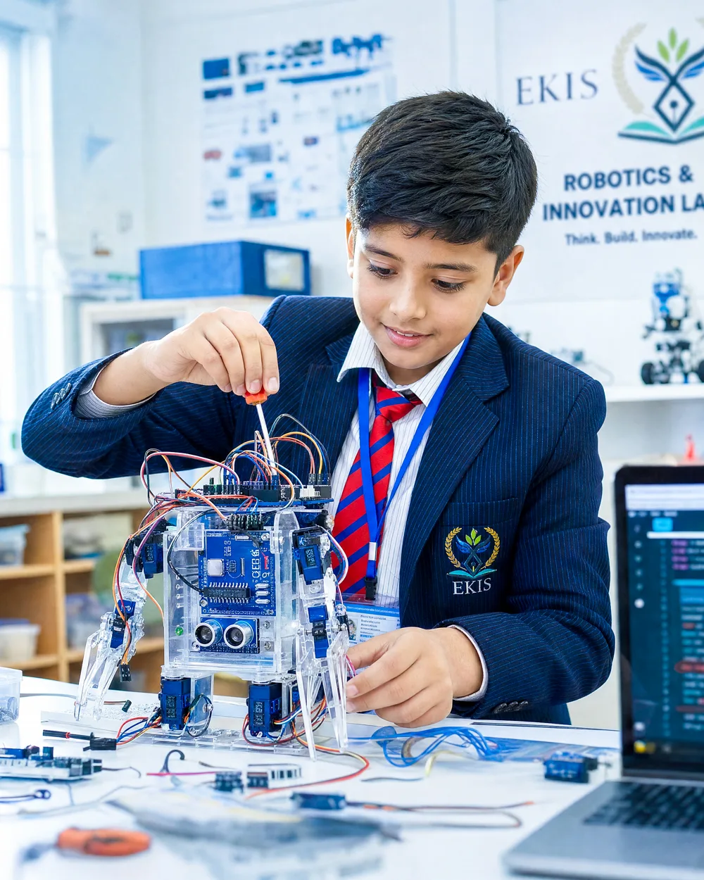 A student assembling a robotics kit