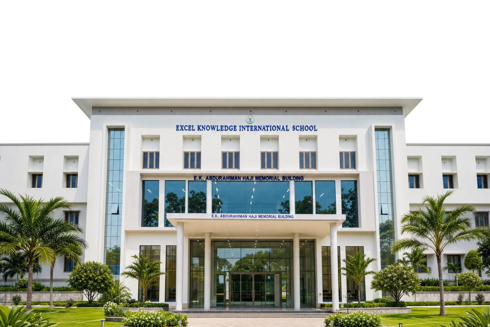 The main entrance of the EKIS school building, seen from the front drive