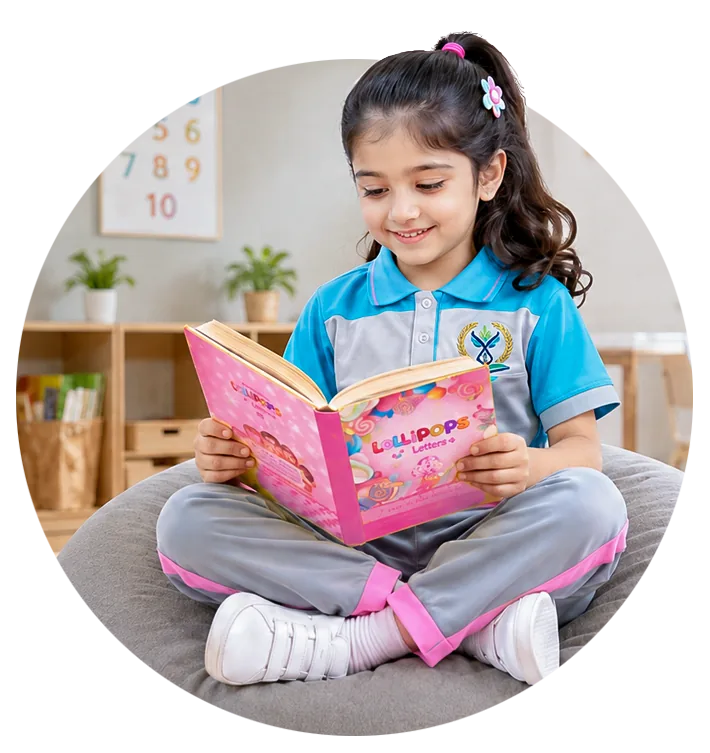A young EKIS student sitting cross-legged with a picture book open in her hands