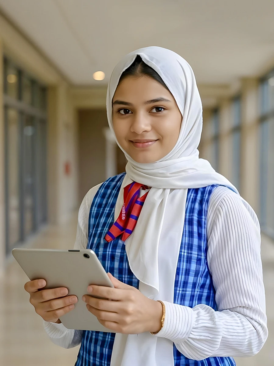 An EKIS student in school uniform holding a tablet in a corridor on campus